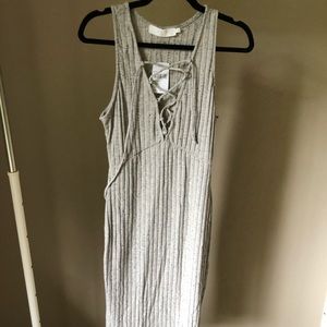 Grey ribbed front strap long sleeveless dress